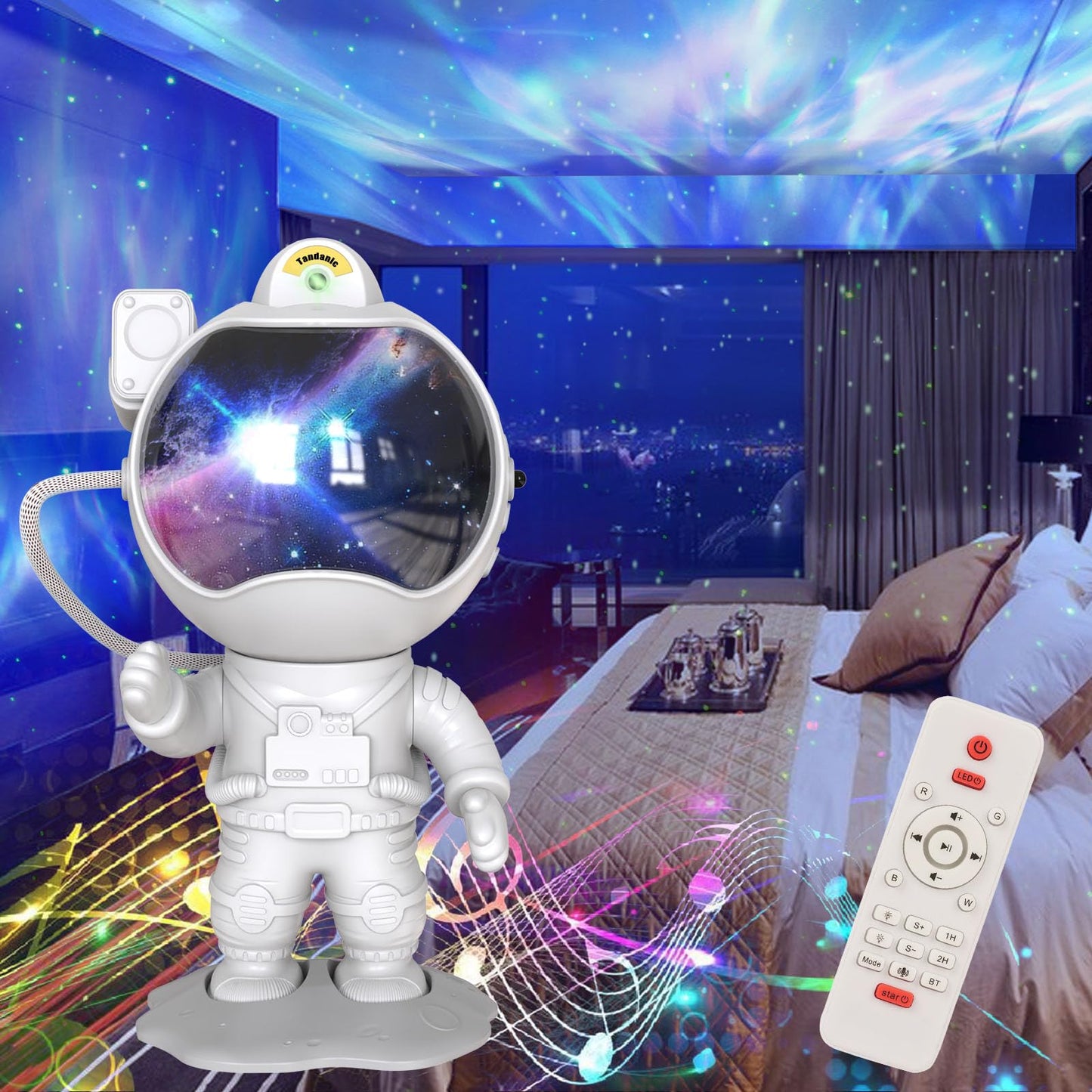 PROYECTOR ASTRONAUTA 5-en-1 – Galaxia + Música + Sueño.
