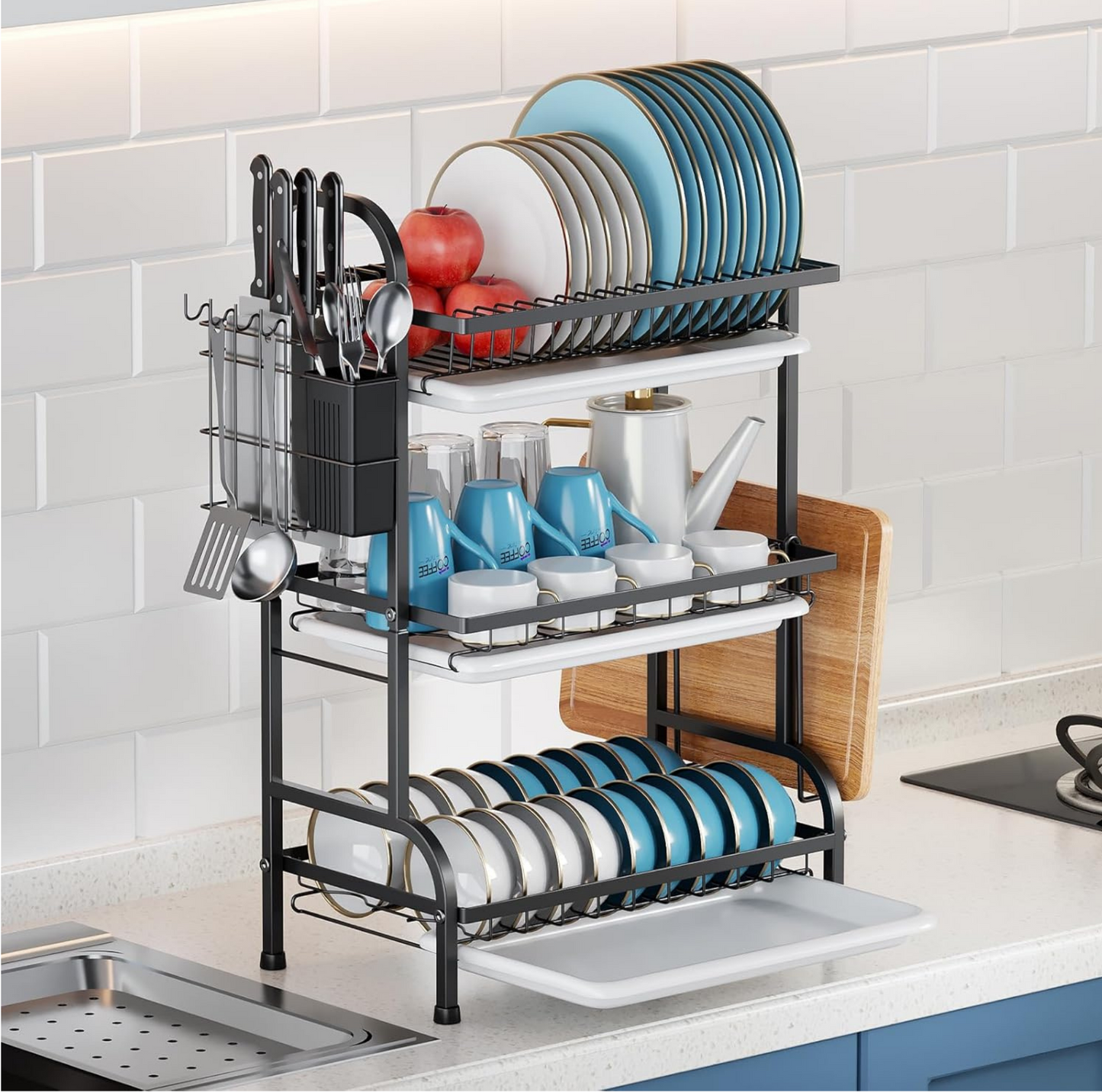 Platero Escurridor 3 Niveles – Organizador de Loza Vertical en Acero Inoxidable con Bandeja Drenante y Soporte para Cubiertos