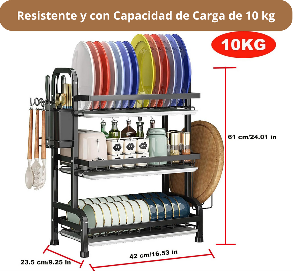 Platero Escurridor 3 Niveles – Organizador de Loza Vertical en Acero Inoxidable con Bandeja Drenante y Soporte para Cubiertos