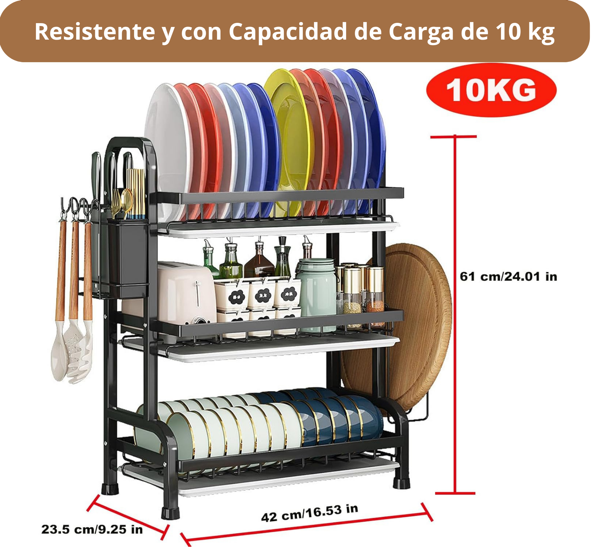 Platero Escurridor 3 Niveles – Organizador de Loza Vertical en Acero Inoxidable con Bandeja Drenante y Soporte para Cubiertos