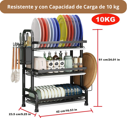 Platero Escurridor 3 Niveles – Organizador de Loza Vertical en Acero Inoxidable con Bandeja Drenante y Soporte para Cubiertos