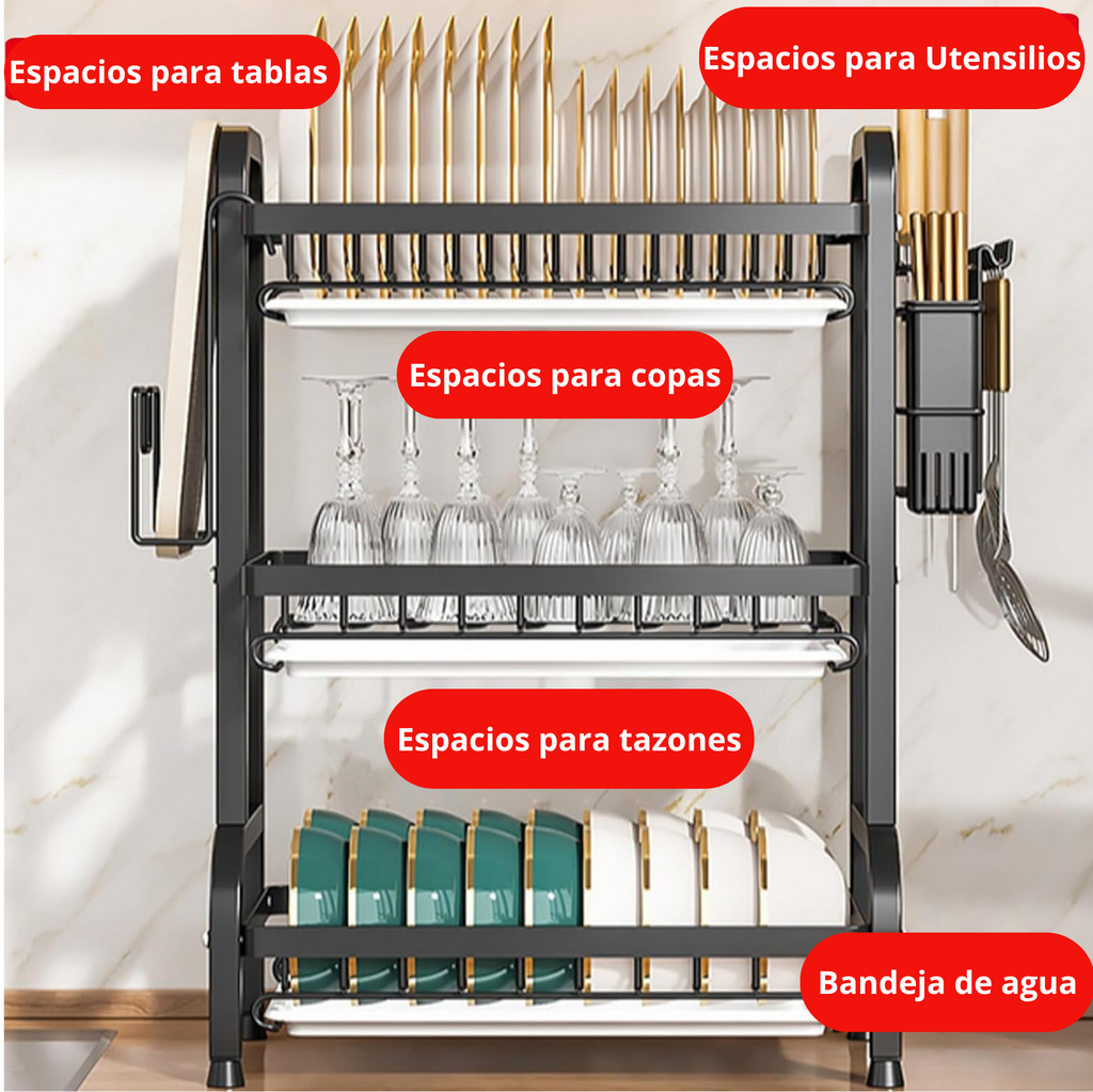 Platero Escurridor 3 Niveles – Organizador de Loza Vertical en Acero Inoxidable con Bandeja Drenante y Soporte para Cubiertos