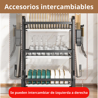 Platero Escurridor 3 Niveles – Organizador de Loza Vertical en Acero Inoxidable con Bandeja Drenante y Soporte para Cubiertos