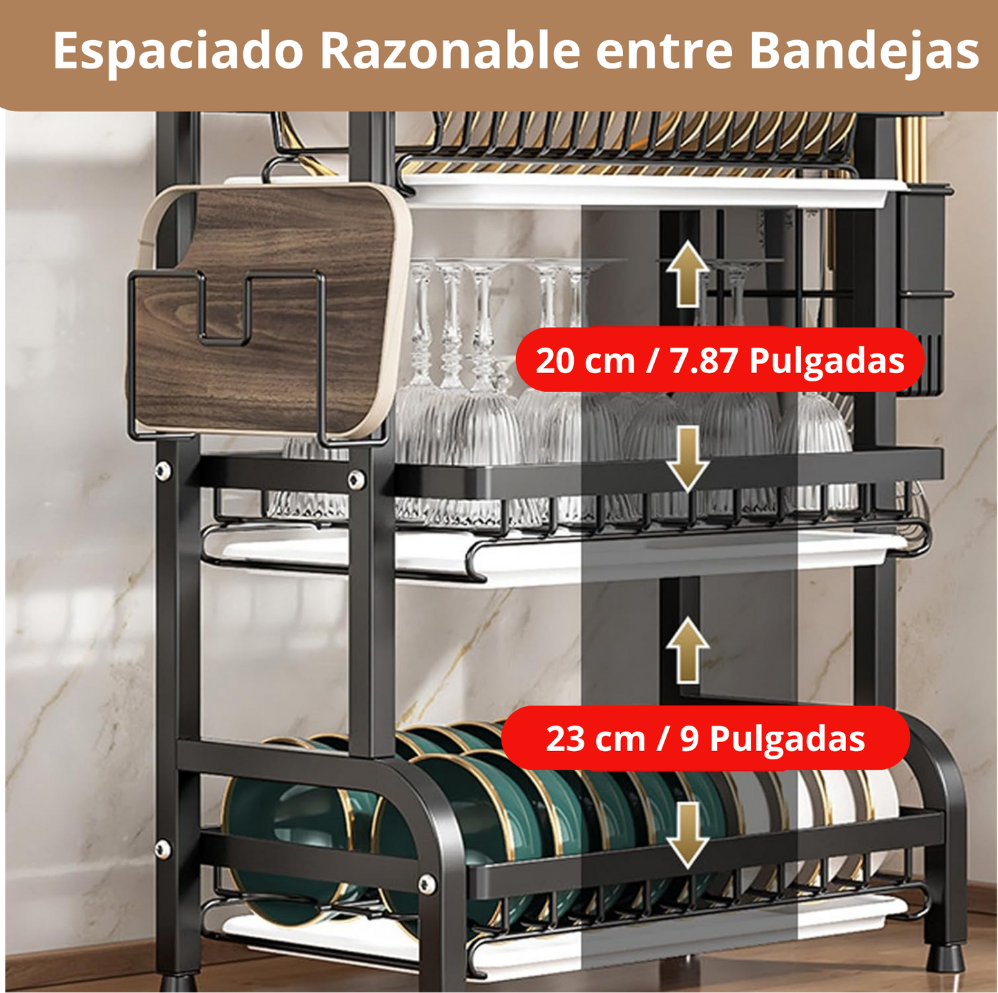 Platero Escurridor 3 Niveles – Organizador de Loza Vertical en Acero Inoxidable con Bandeja Drenante y Soporte para Cubiertos