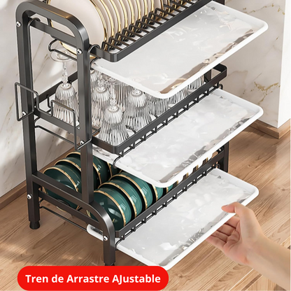 Platero Escurridor 3 Niveles – Organizador de Loza Vertical en Acero Inoxidable con Bandeja Drenante y Soporte para Cubiertos